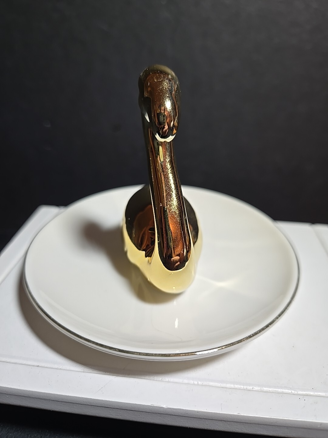 Vintage Golden Swan Sitting White Trinket Dish with Gold Trim