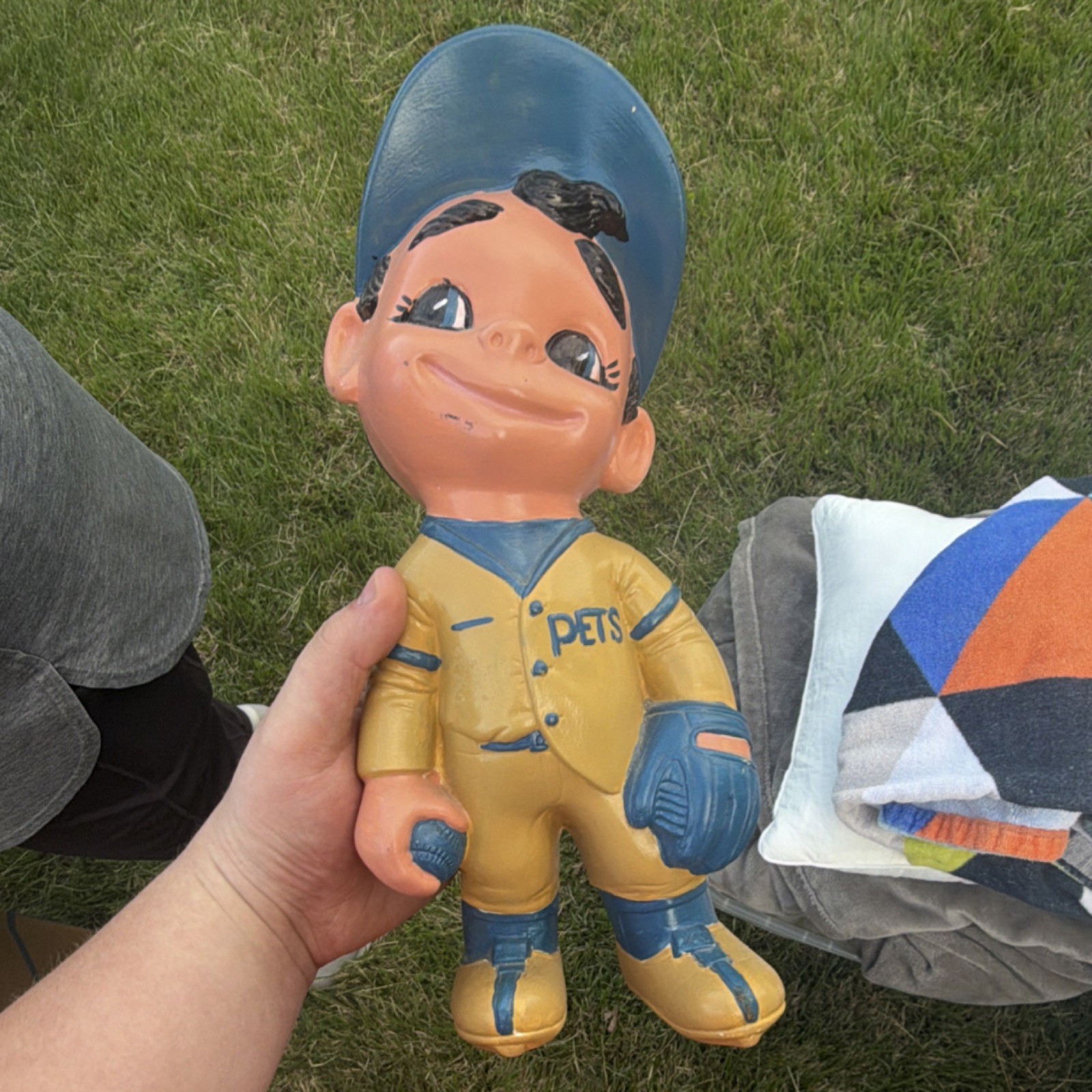 Smiley Baseball Figurine Yellow Blue Sports Collectible Painted