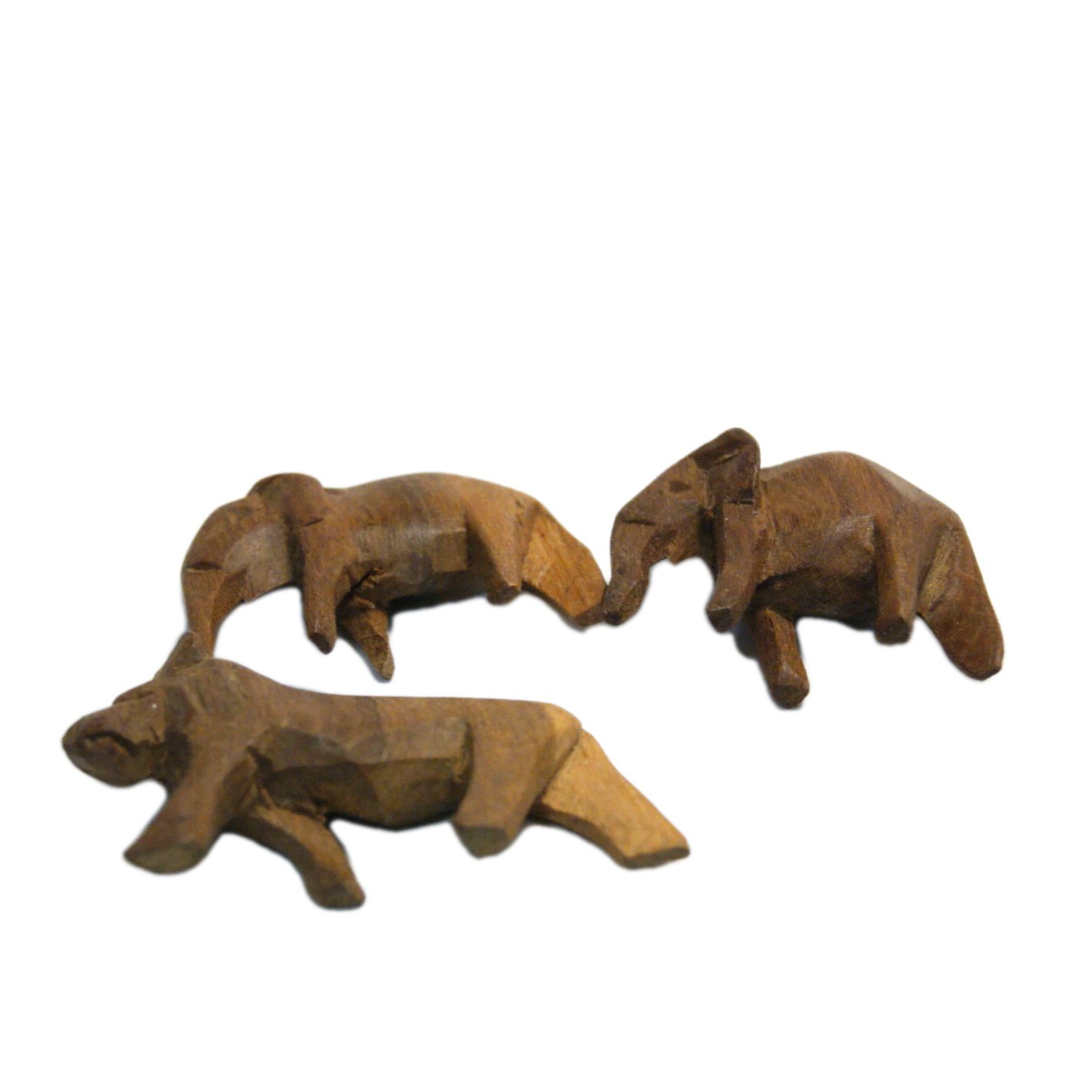 Handcrafted Mini Carved Animal Figures Set Elephant Pair & Lion • Wood Decor