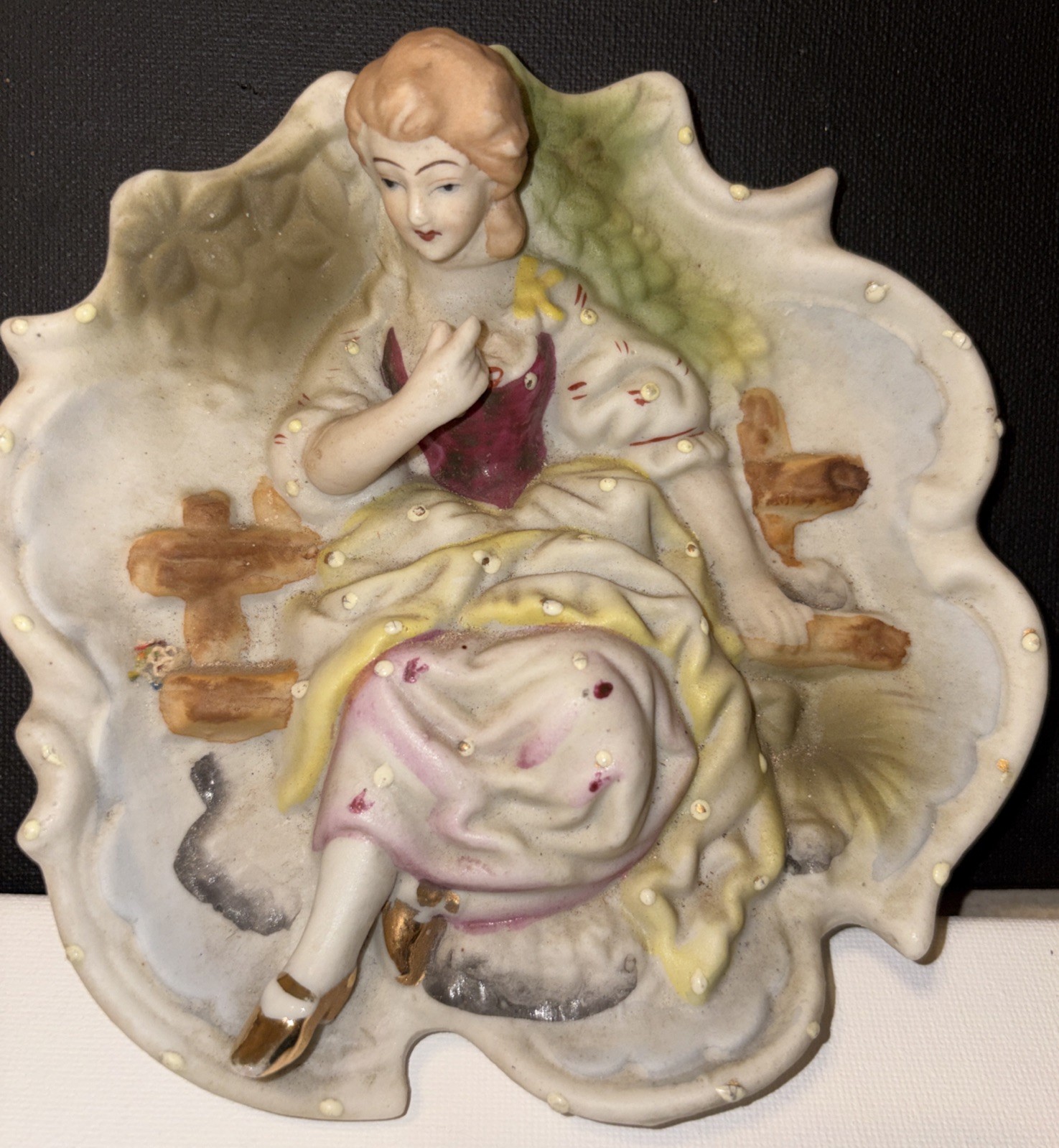 ANTIQUE Porcelain Wall Plaque Figurine Of A Woman Made In Japan 6” X 6”