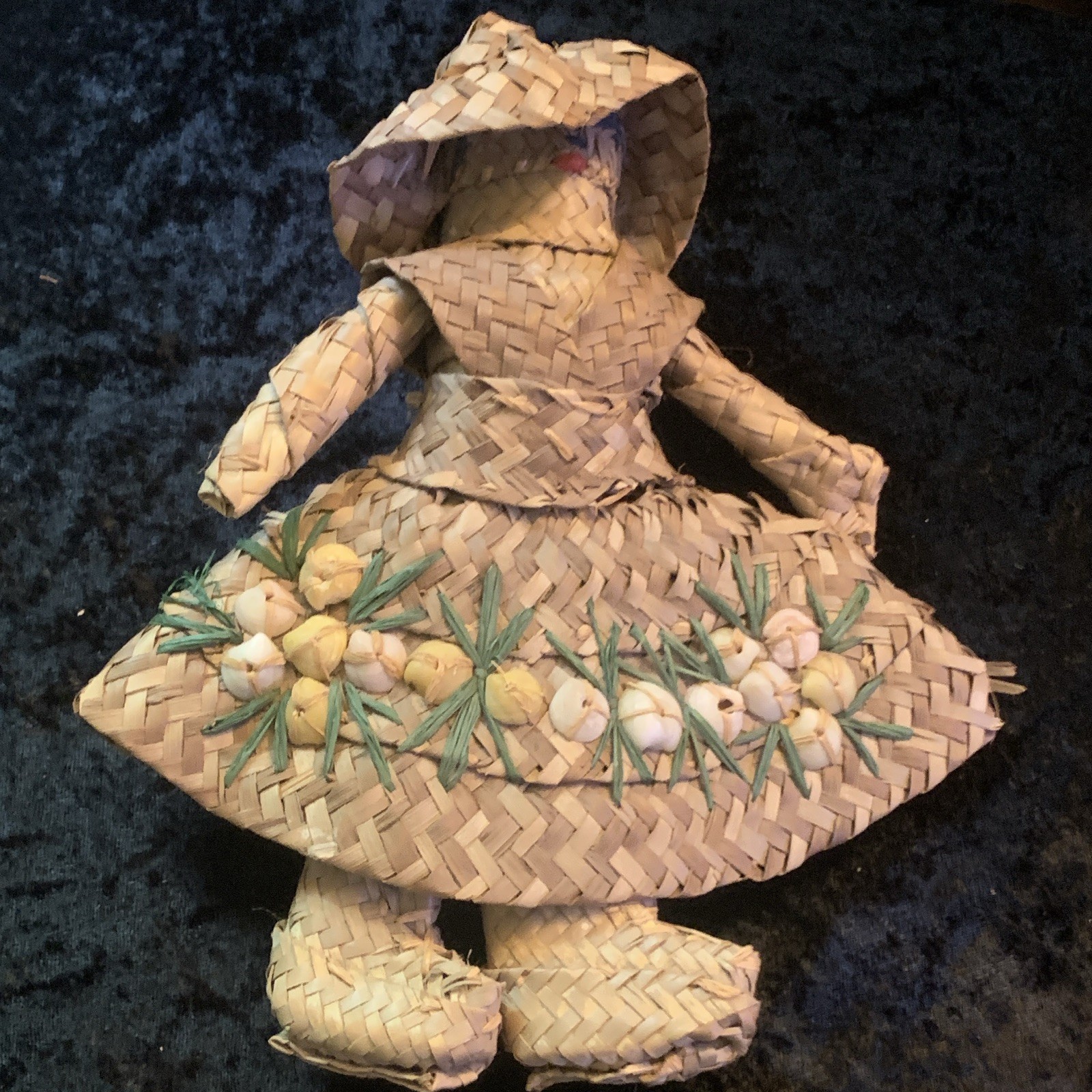 Wicker Girl Figurine with Hat, Woven Dress, Floral Decor, 3D Textured
