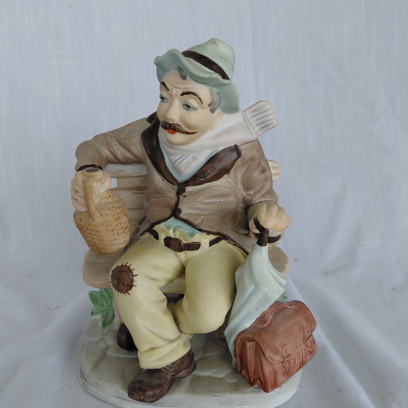 Vintage PORCELAIN BISQUE Figurine by ARPO, ROMANIA 1970’S Hobo, Jug, Umbrella