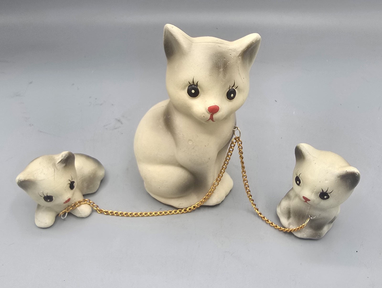 Vintage 1950s Porcelain Chained Dog, Cat, and Deer Family Figurine Sets