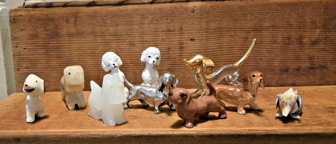Vintage Miniature Dog Figurines Lot 10 – metal; quartz, shell, china