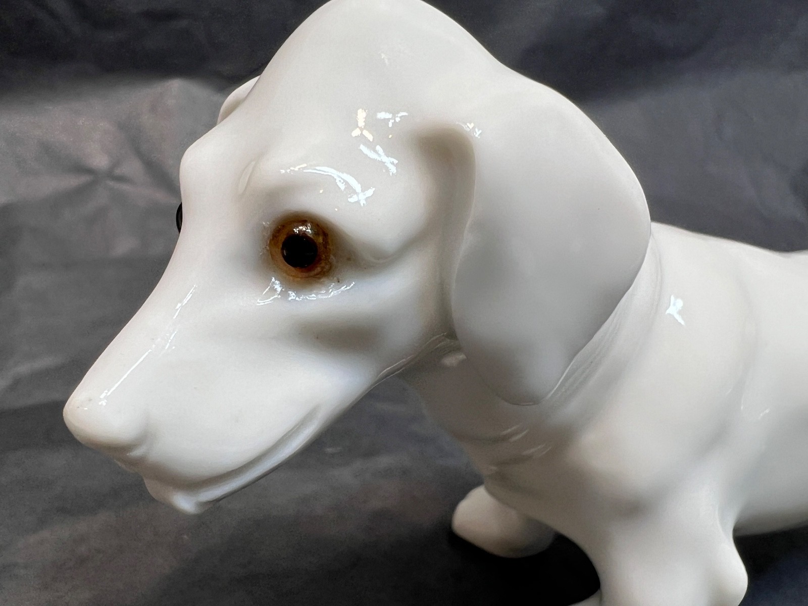Antique German Gebruder Heubach Porcelain Figurine Dachshund Dog Glass Eyes