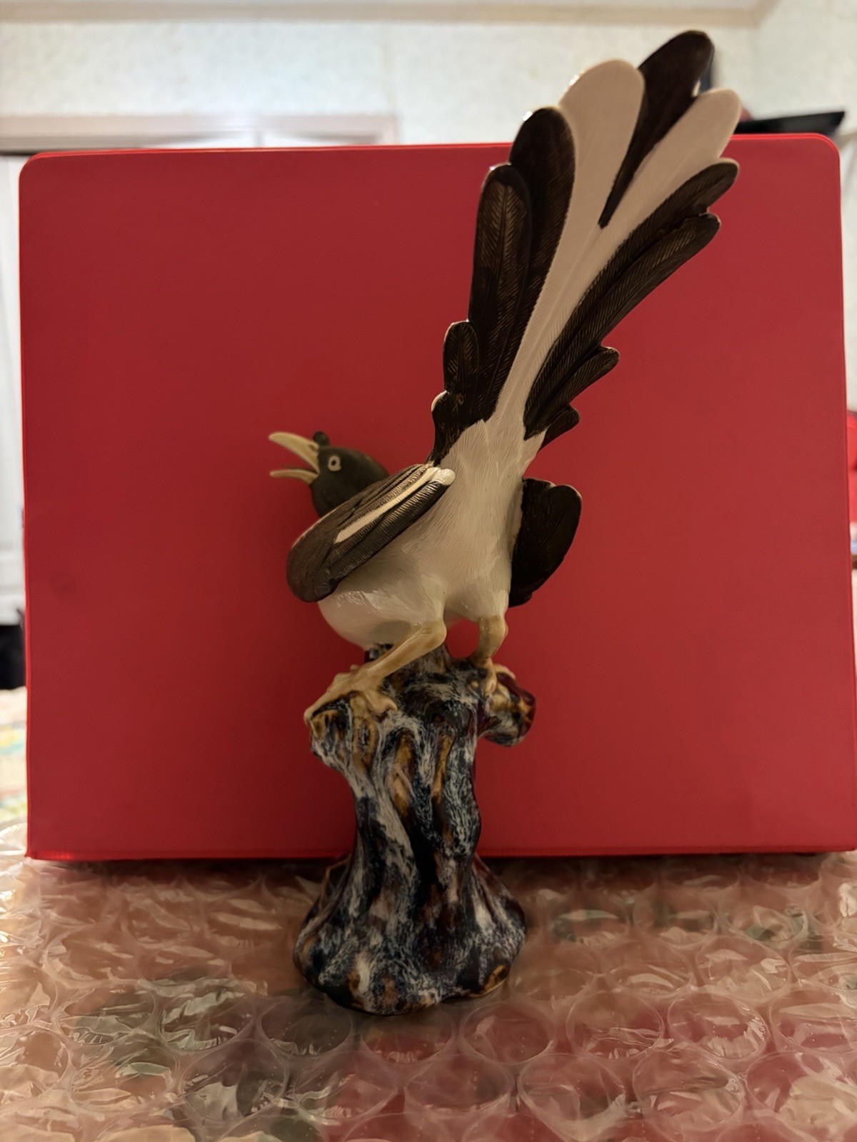 Hand Painted Ceramic Bird Figurine Matte Finish on Stump Base Black White