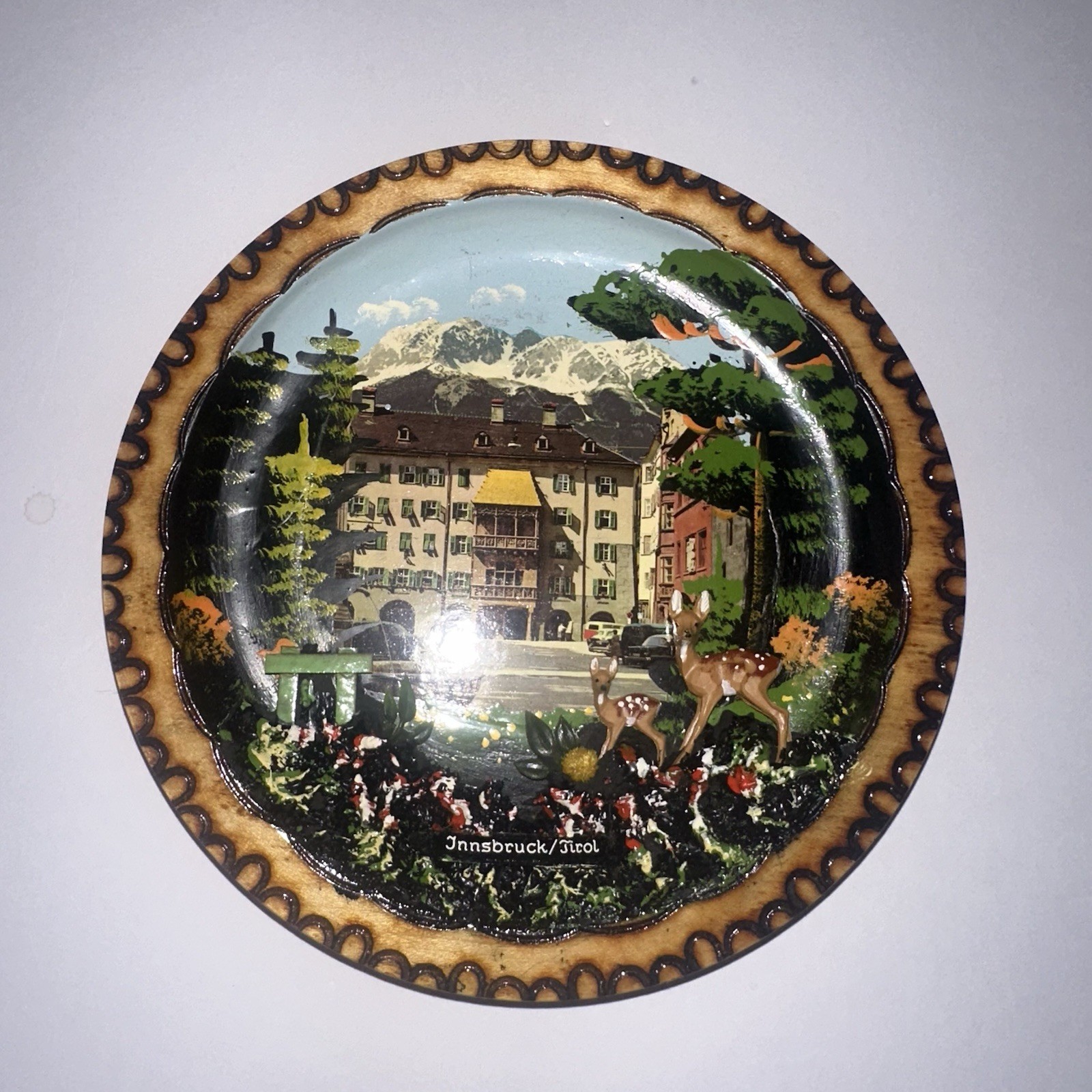 Vintage 50s Innsbruck Tirol Hand Carved Painted Wood Plate Alpine Deer Austria
