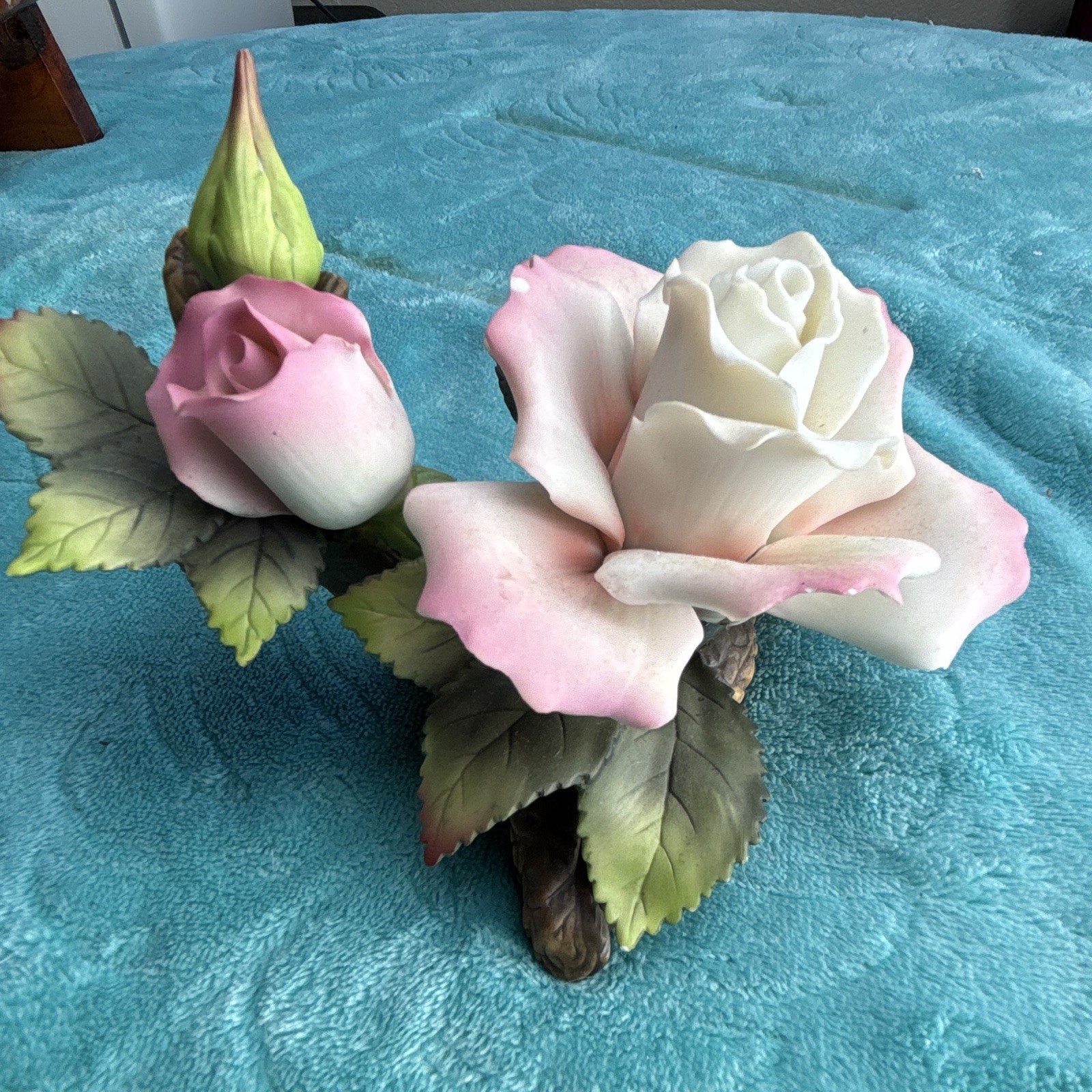 Porcelain Pink & White Rose Figurine w/ Buds & Leaves, Glossy Floral