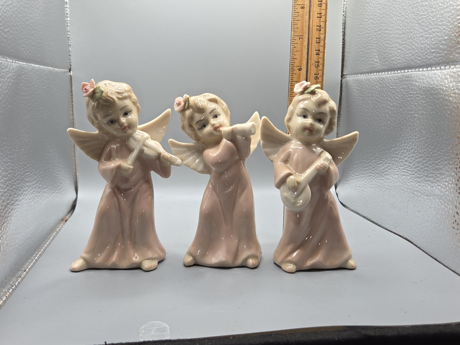 Vtg Lot Lefton? Cherub Girls Angels Singing/ Playing Music Figurines 1950s Trio