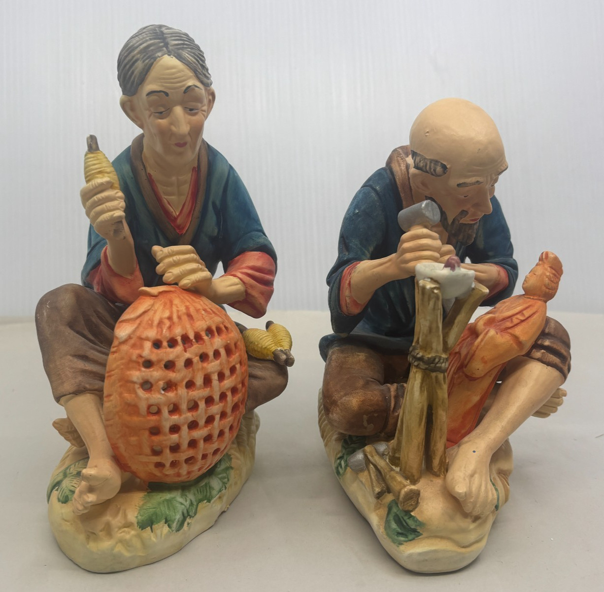 Ceramic Figurines Old Woman Making Basket and Old Man Carving Statue Portugal