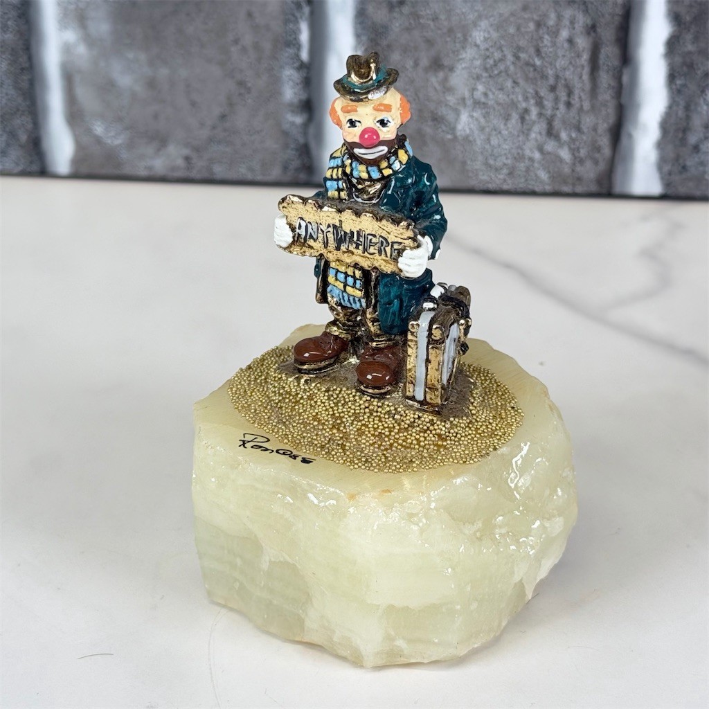 Ron Lee Signed Clown Figurine Anywhere Hitchhiker w/ Suitcase Stone Base