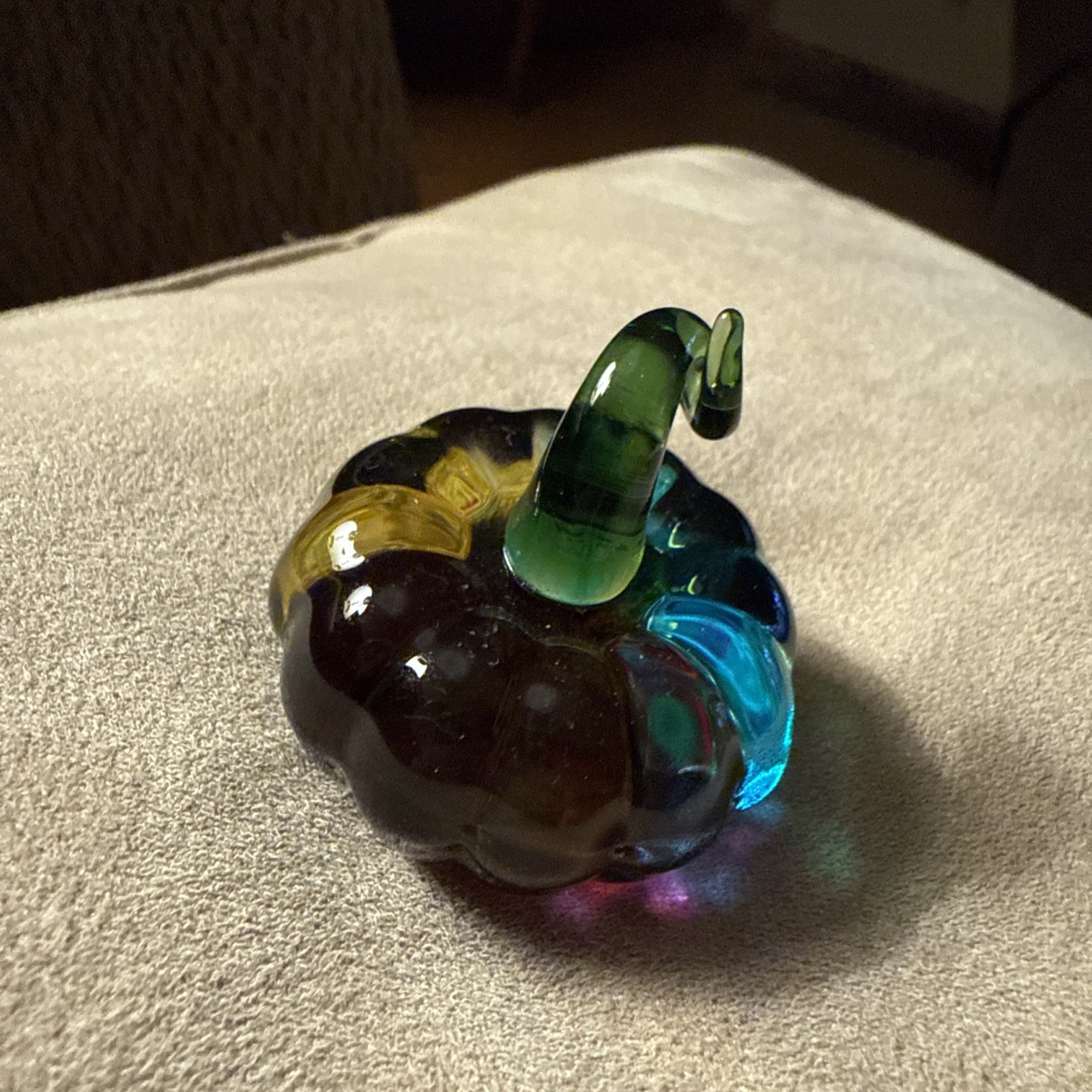 Adorable Handcrafted Glass Multi Colored Pumpkin With Green Stem Figurine