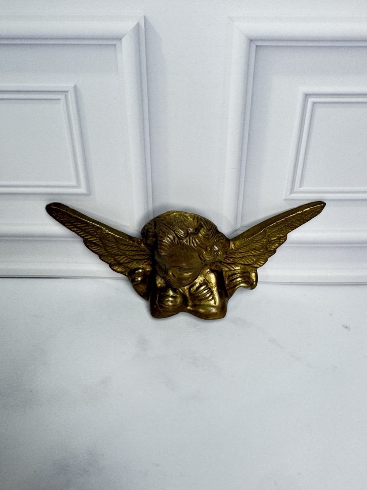 Vintage Brass Angel Cherub Wall Hanging Boudoir Whimsical Sculpture Figurine 5″