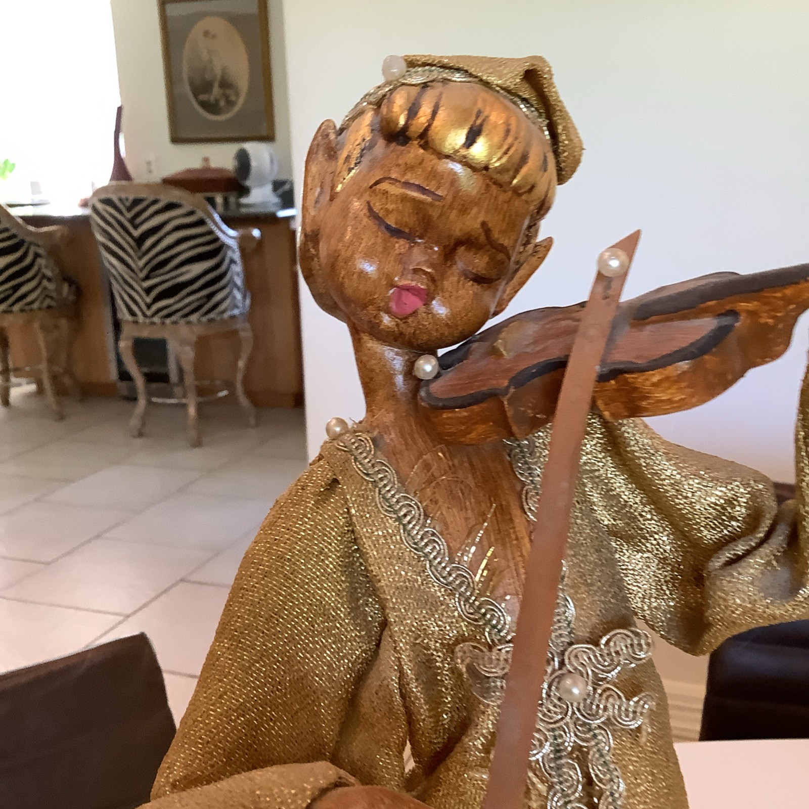 MCM Gilt Wood Composite 17.5” Pixie Elf Playing Violin Hollywood Regency