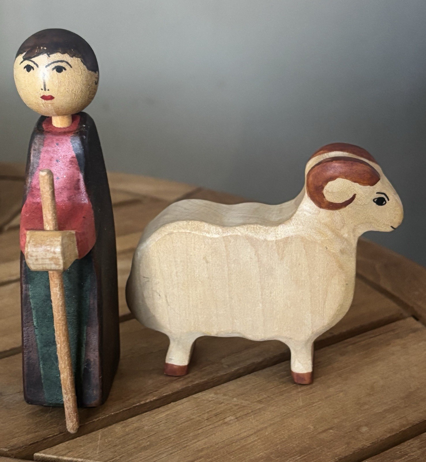 Vintage Swiss Shepherd & Sheep Hand Carved Painted Wood Set of 2 Switzerland