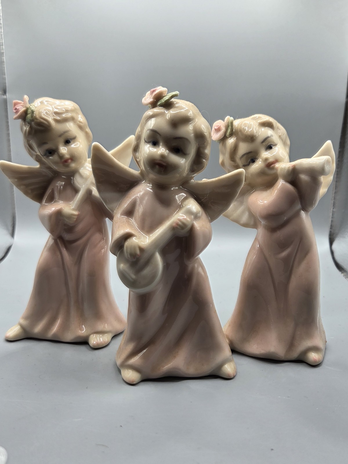 Vtg Lot Lefton? Cherub Girls Angels Singing/ Playing Music Figurines 1950s Trio