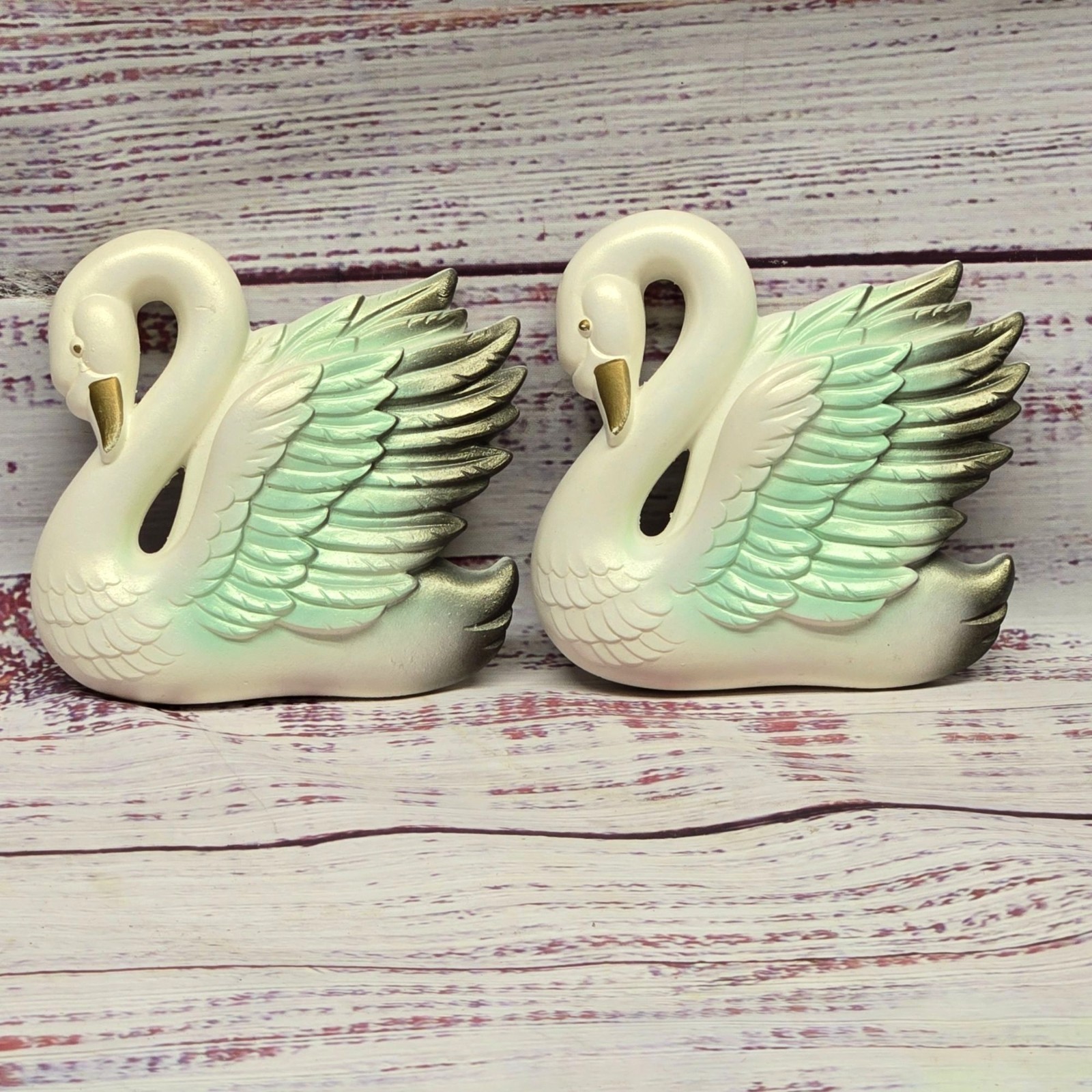 Vintage Miller Studio Chalkware Swans Wall art Iridescent Seafoam Green & Black