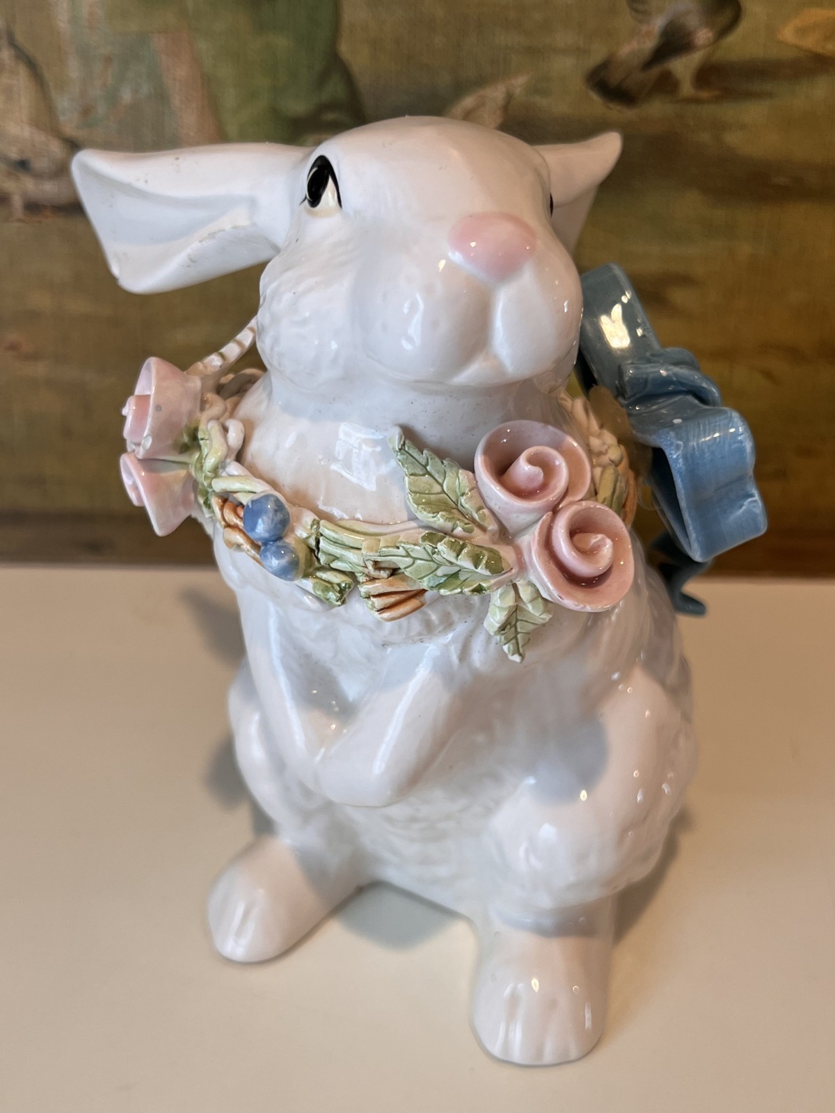 VTG LARGE EASTER/SPRING BUNNY FIGURINE-HAND PAINTED GLAZED PORCELAIN