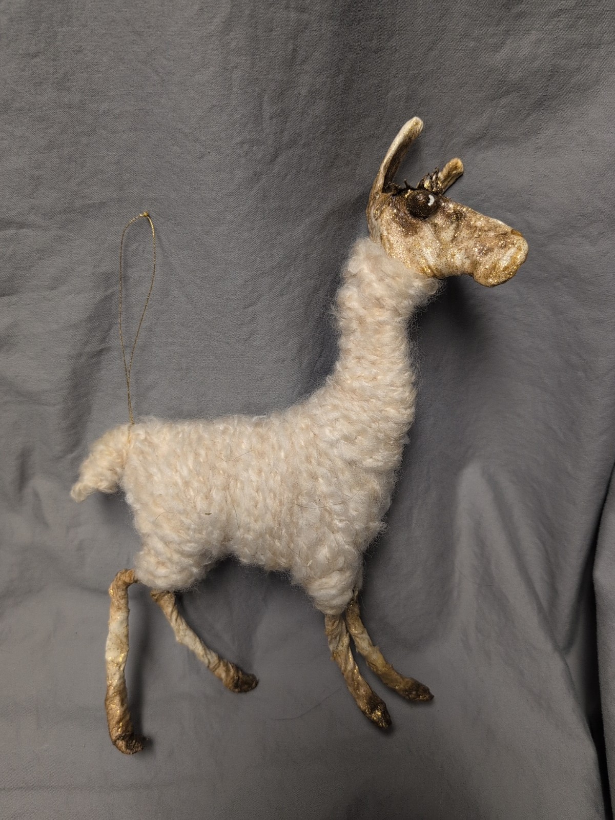Vintage Handmade Folk Art Llama Figurine Yarn Mache Textured Mixed Media Boho