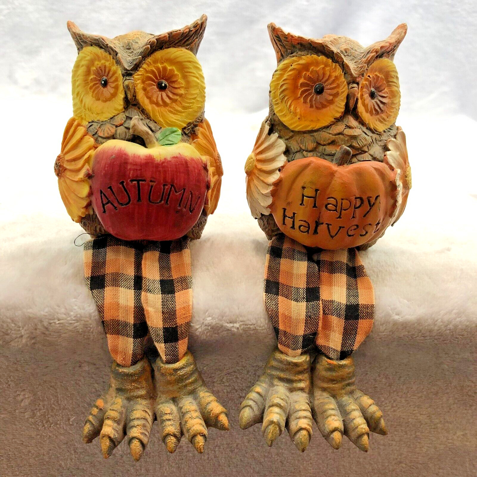 2 Owl Shelf Sitter Animal Figures with Plaid Legs & Autumn Sign