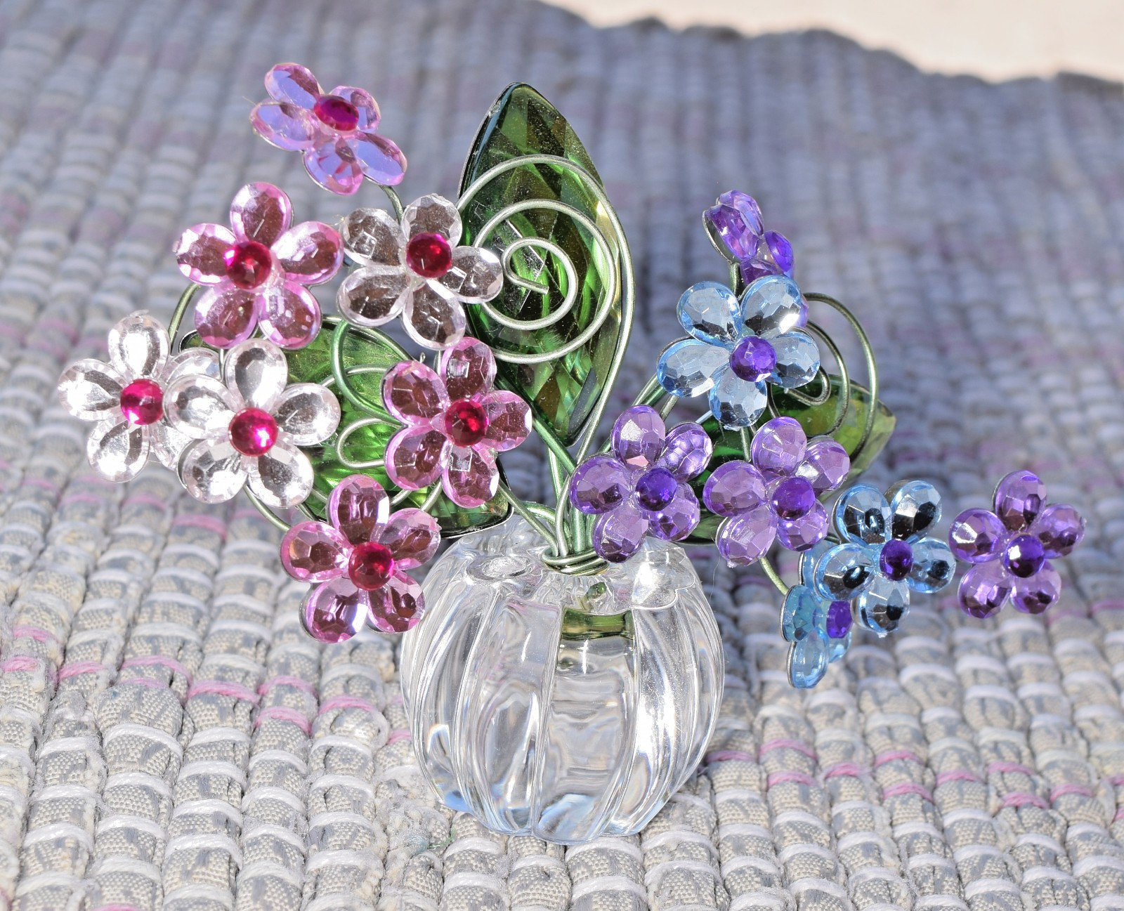 Rhinestone Flowers in Faceted Glass Vase Figurine Paperweight Multi Color Floral