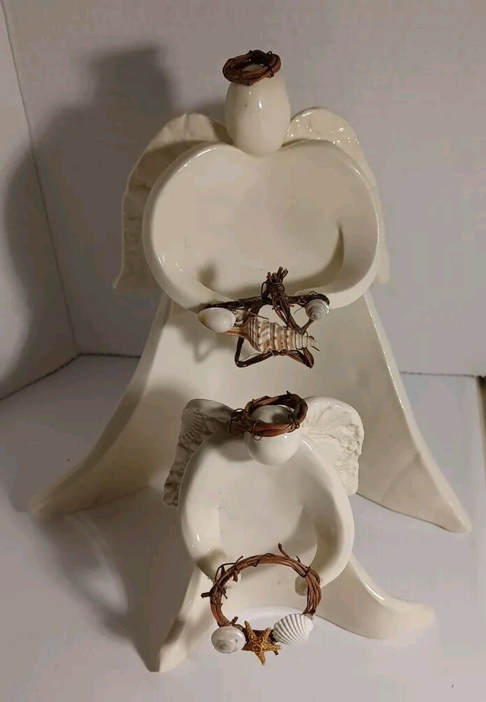 Vintage Ceramic Beach Angel Figurines Set of 2 Minimalist Seashell Coastal Decor