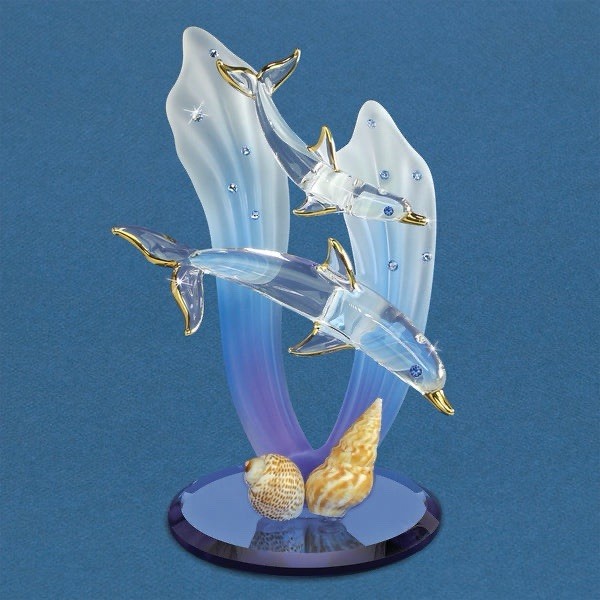 New In Box Glass Baron Double Dolphins Figurine S5 T66-2D 22Kt Gold Crystal