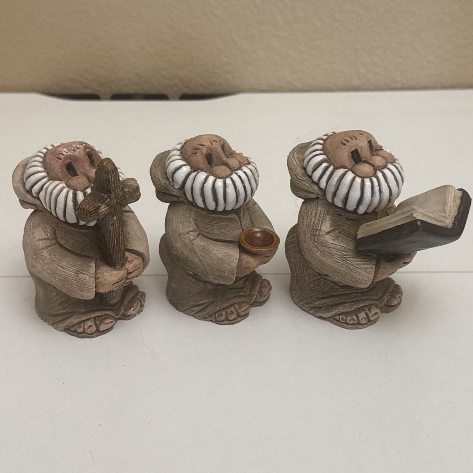 3) Uruguay Studio Pottery Art Priests Monks Book Cross Religious Signed Vintage