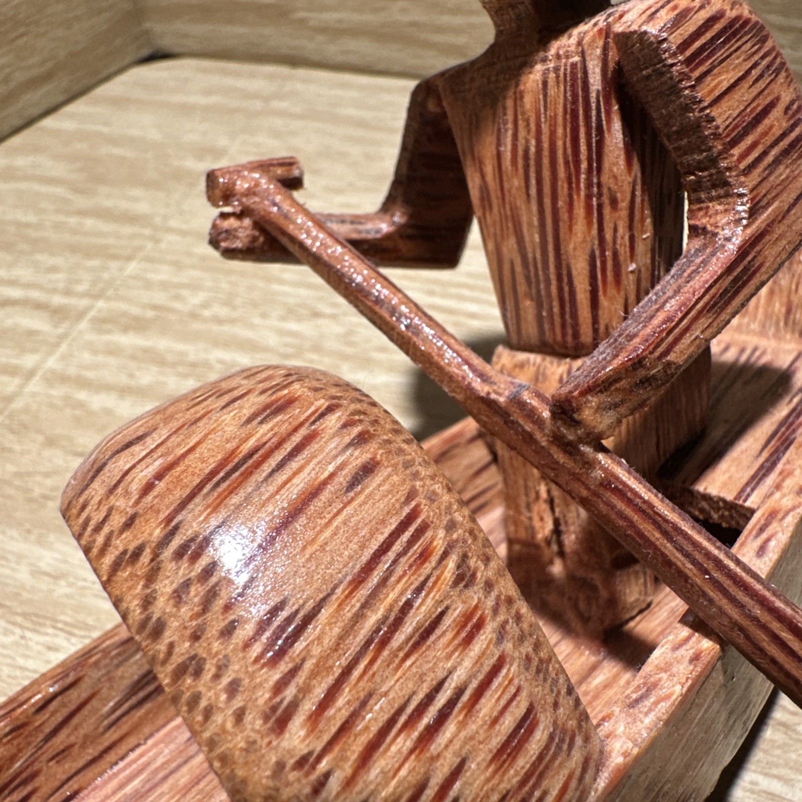 Carved Man Rowing In Wood Boat With Oar – Coconuts On Front Souvenir. Figural