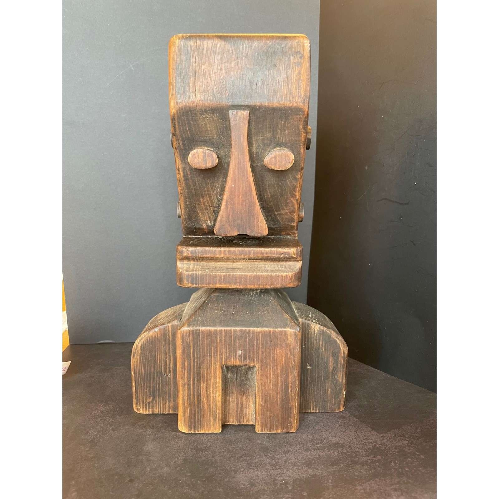 Vintage Hand Carved Wood Brutalist Bust Abstract Geometric Folk Art Sculpture