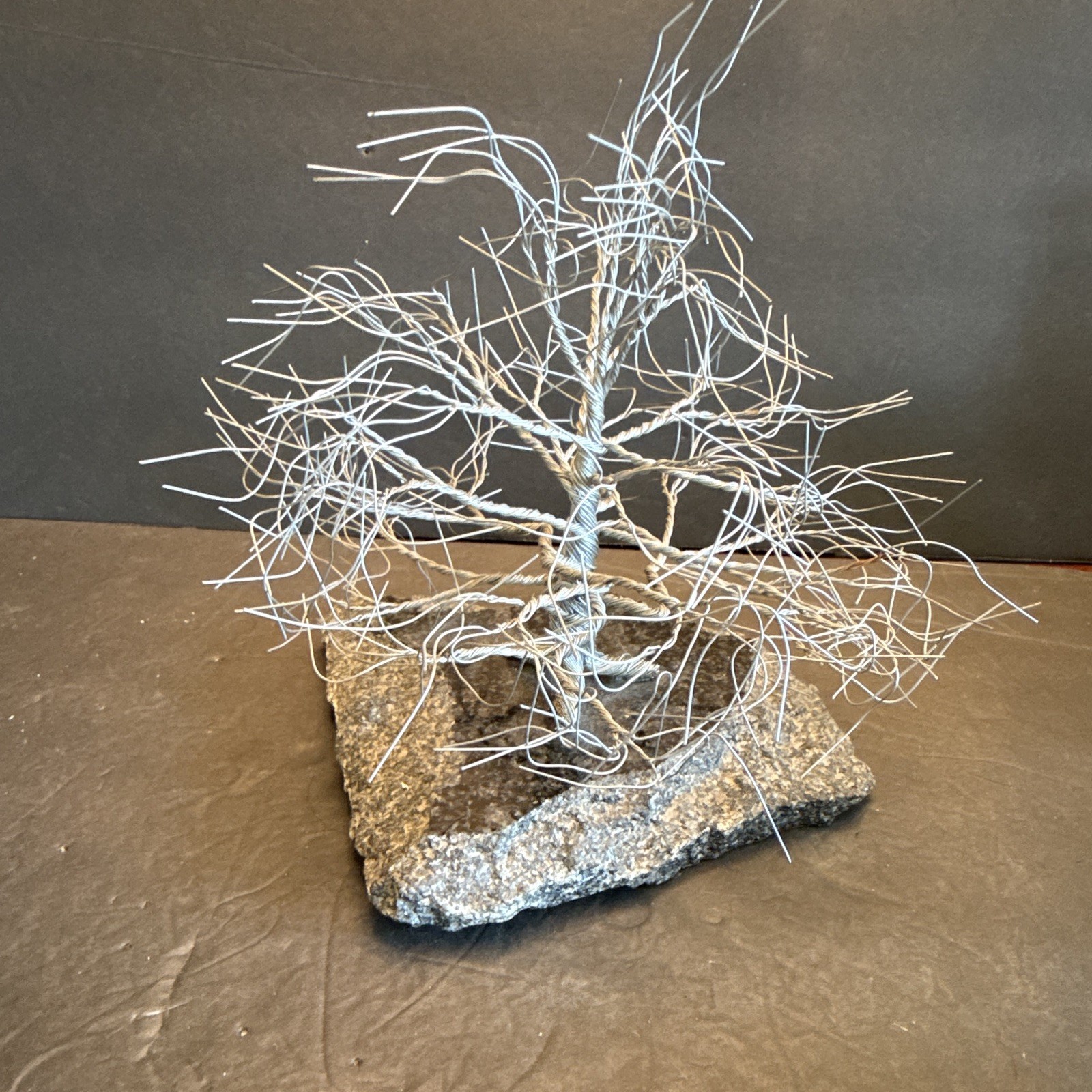 Metal Wire Tree Sculpture on Stone Base Silver/Gray 3D Effect Metallic Finish