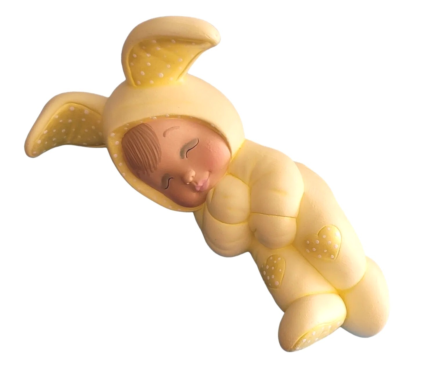 Vintage Retro Slepping Baby Child in EASTER BUNNY RABBIT Ceramic Figurine 8″