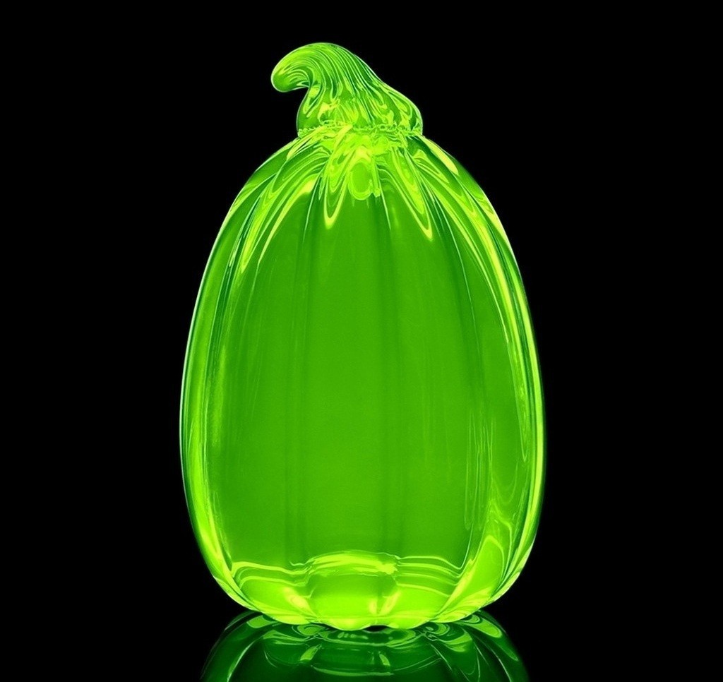 Bohemian Vaseline Uranium Glass Large Pumpkin 7 ” – Halloween Decor