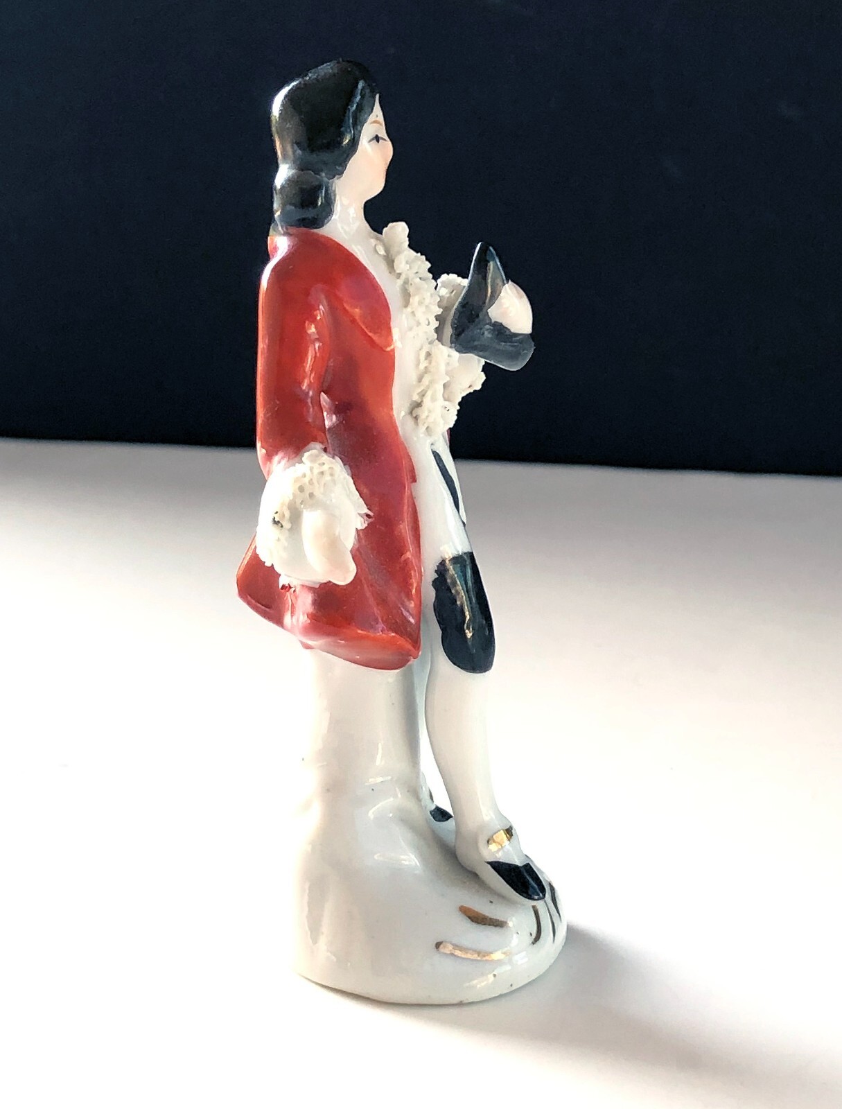 French Red Coat Gentleman Figure Spaghetti Trim Hand Painted Japan 3 3/4″ C244