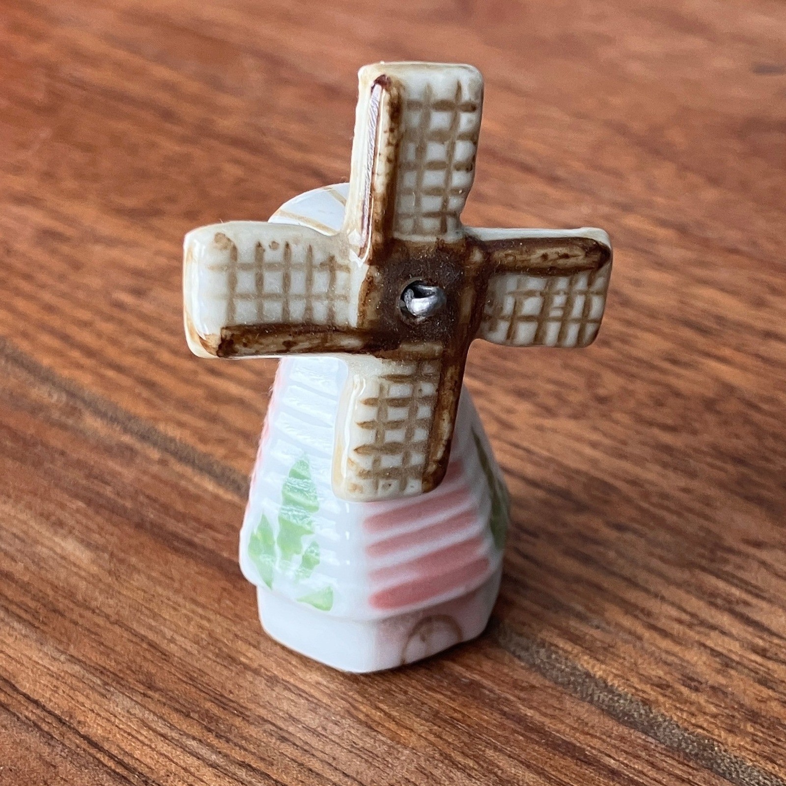 Handcrafted Thailand Miniature Ceramic Windmill Figurine Pink White 2.25 Inch