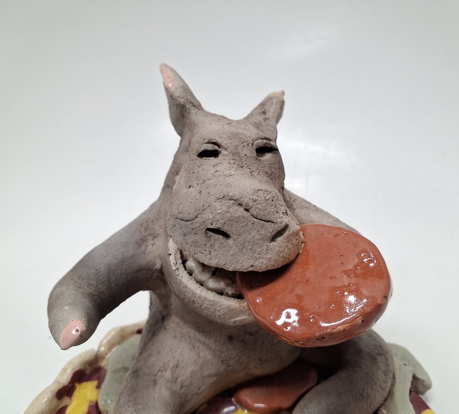 Mary Garber 1985 POG Raku Pottery Pizza For One Hippo Sculpture Pepperoni Signed