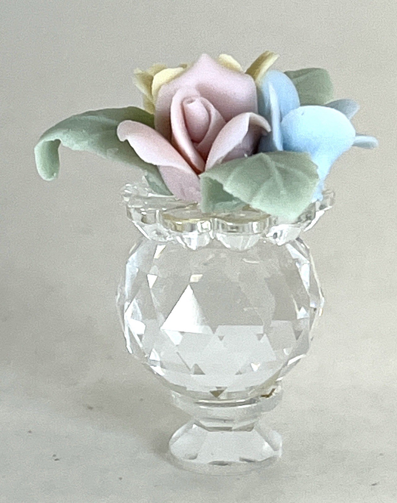 Crystal Vase With Porcelain Flowers Bouquet Figurine