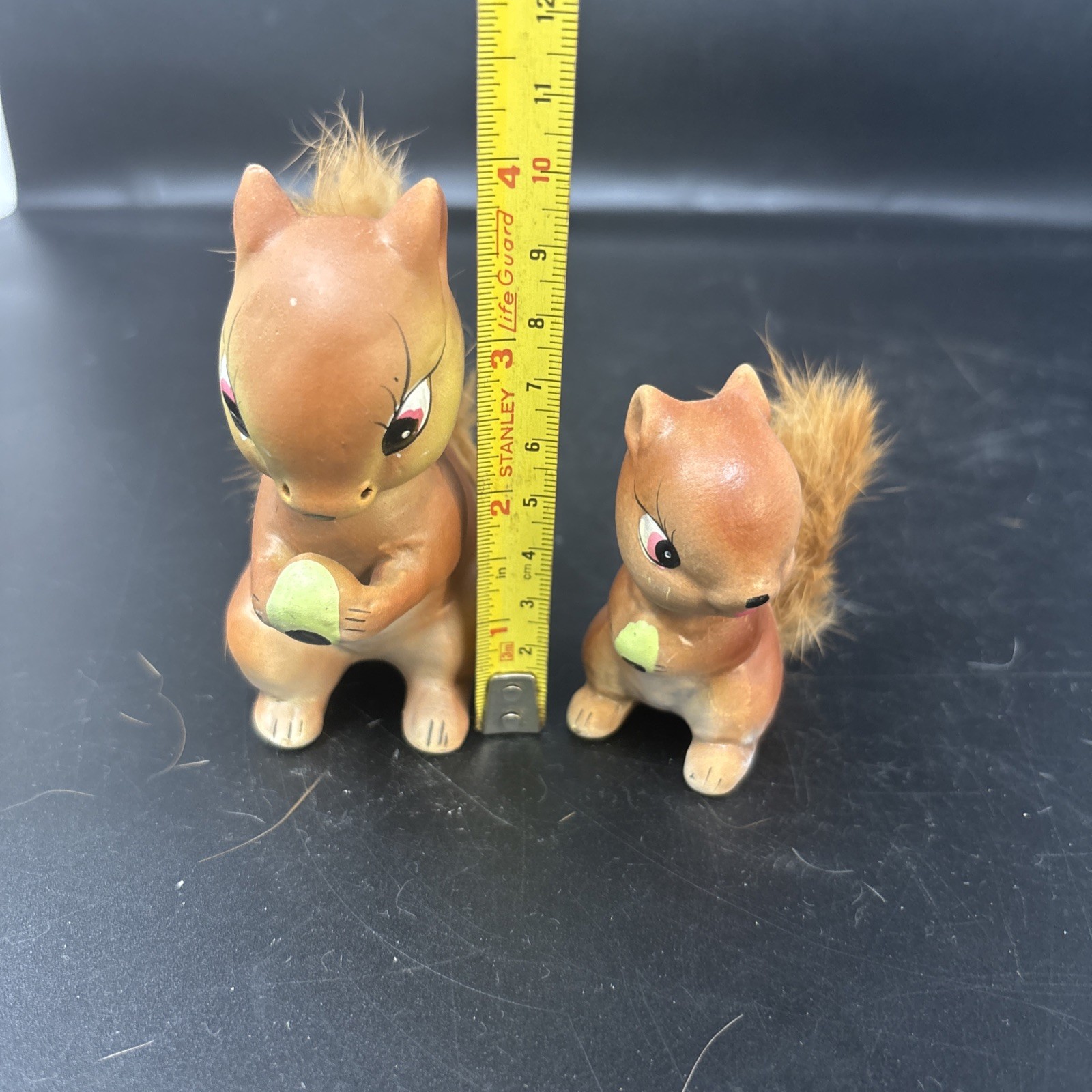 Vintage Squirrels Ceramic Enesco Japan Figurines Faux Fur 2pc Set Japan