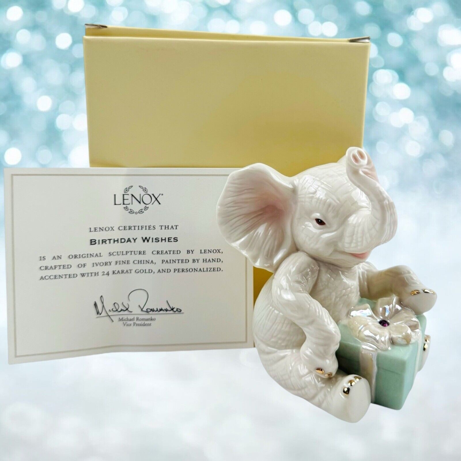 Lenox Happy Birthday Wishes Elephant February Birthstone Figurine 4.5″ NIB