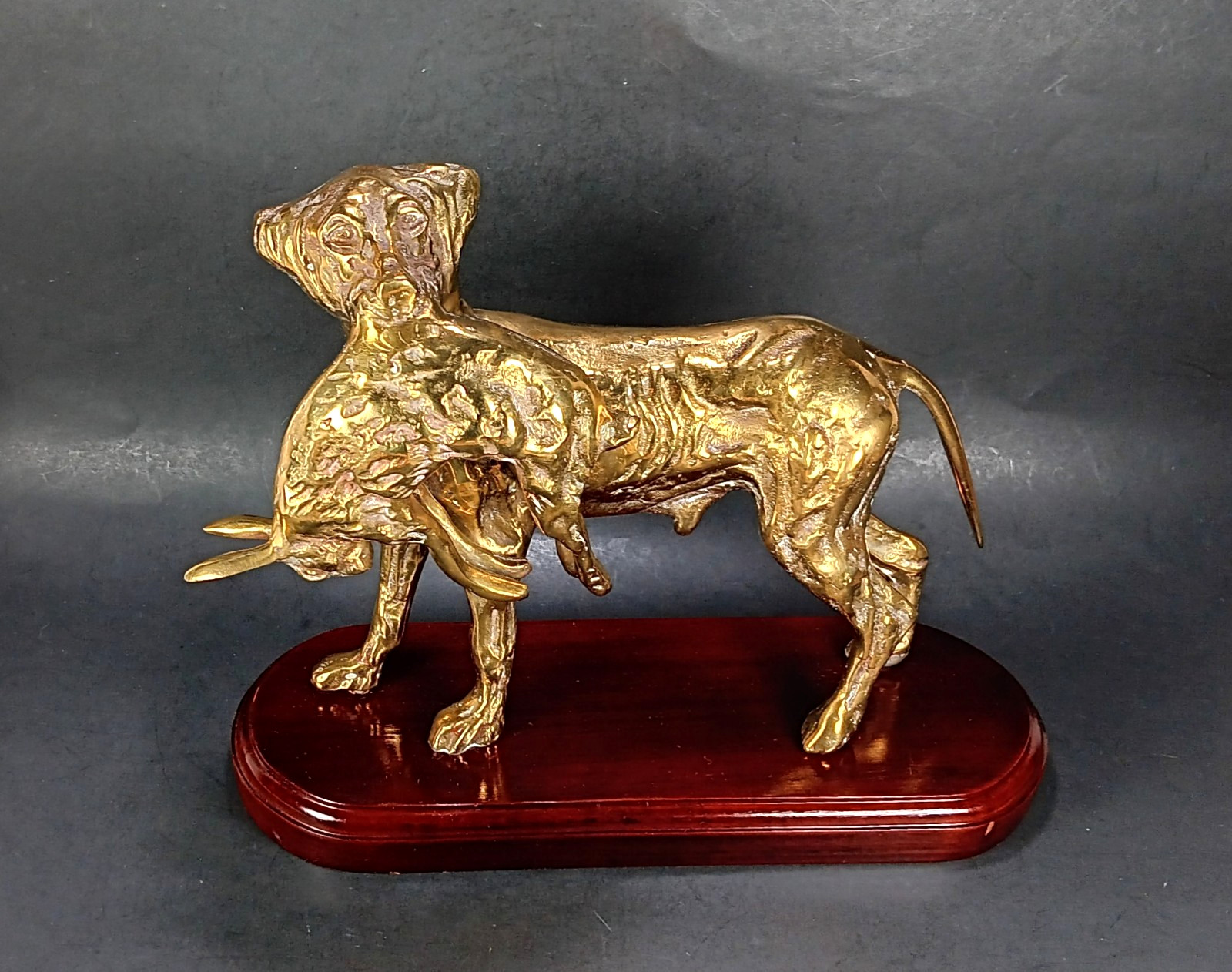 Brass Hunting Dog Statue w/Hare Rabbit Sculpture on Wood Base Vintage