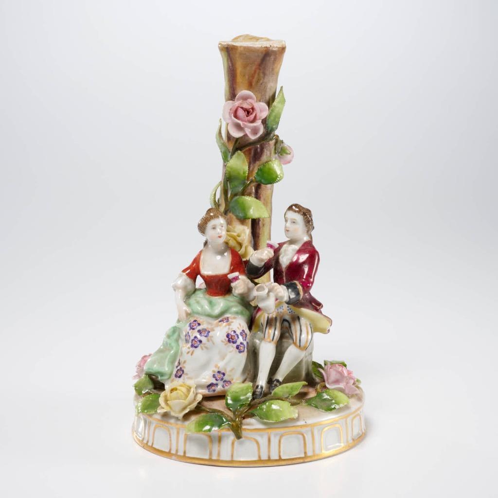 Antique Von Schierholz German Porcelain Figurine Man Woman Toasting Candlestick