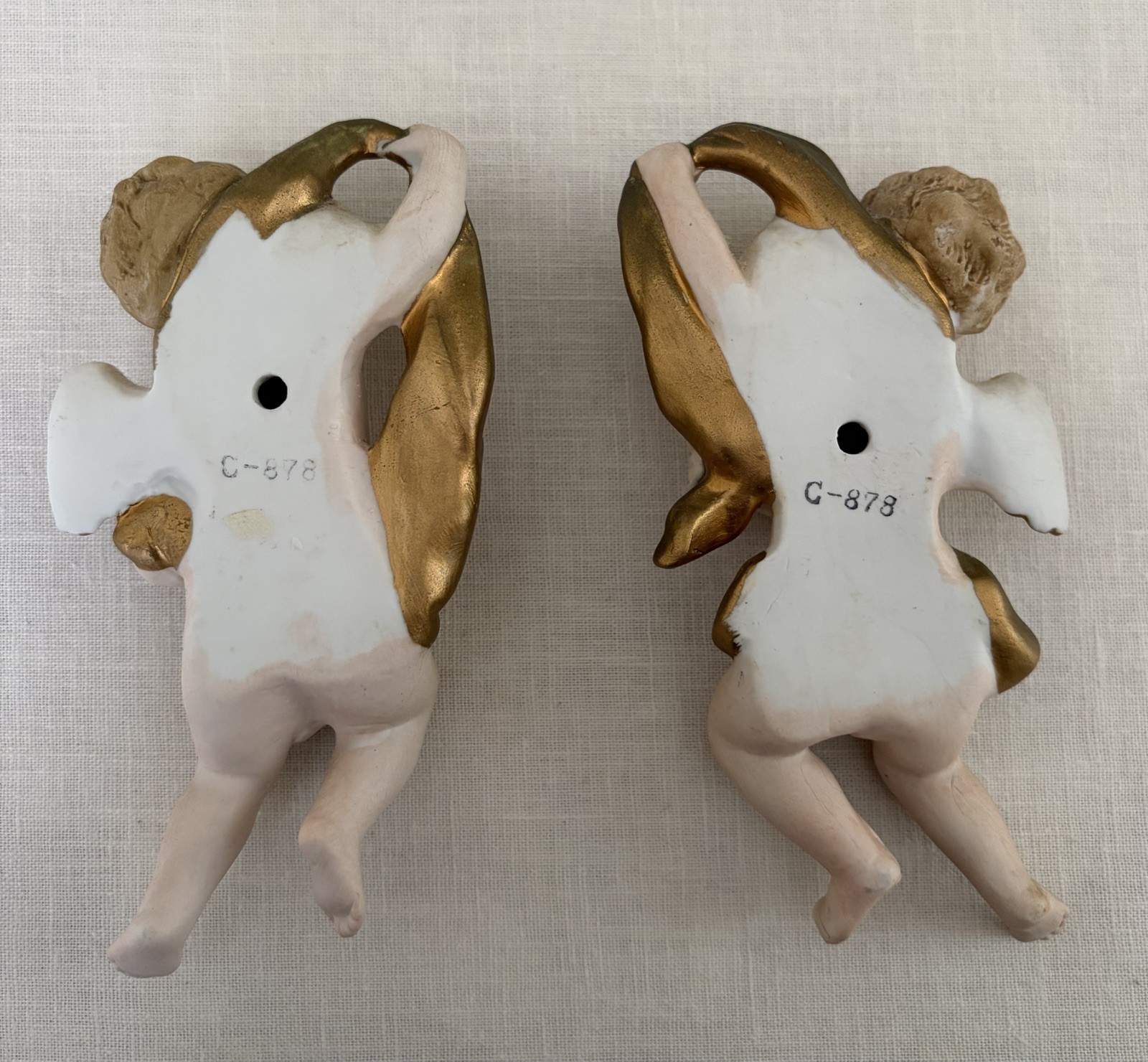 Vintage Pair LEFTON China Bisque Cherub Angel Wall Plaques White Gold