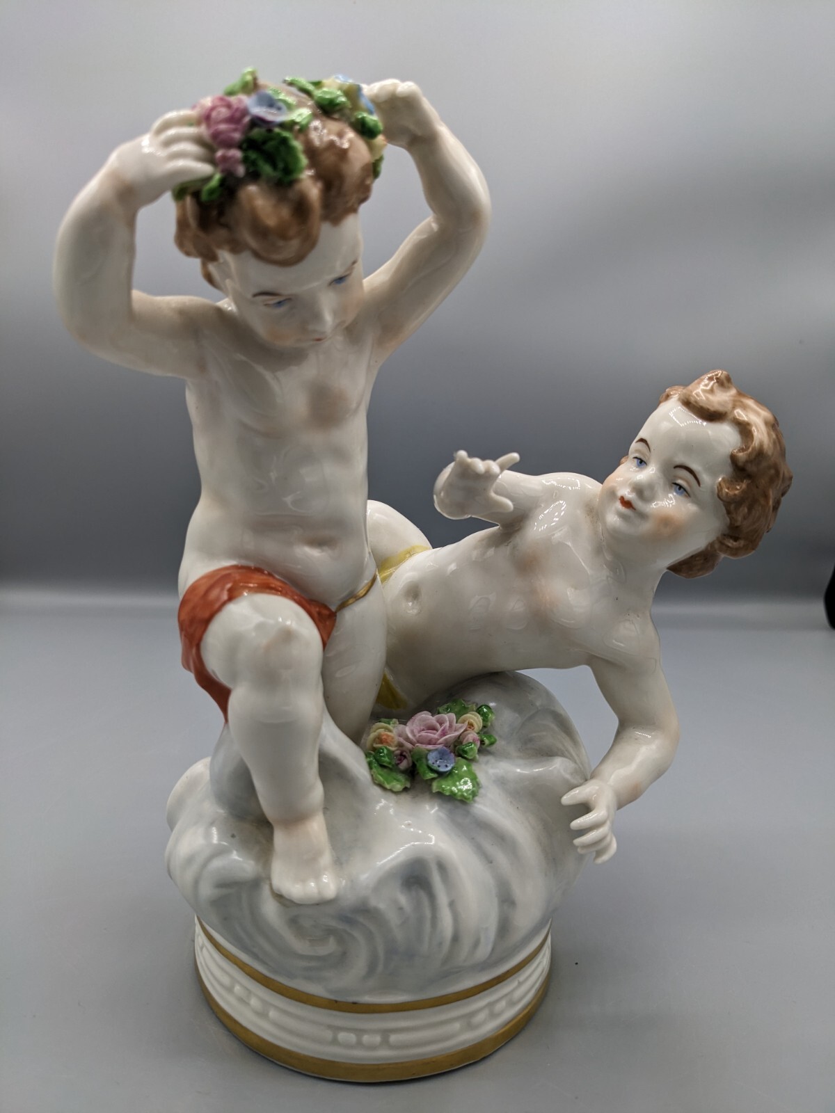 1900s Antique Muller Volkstedt Porcelain Figurine Flowers Pickers 8″ Rare