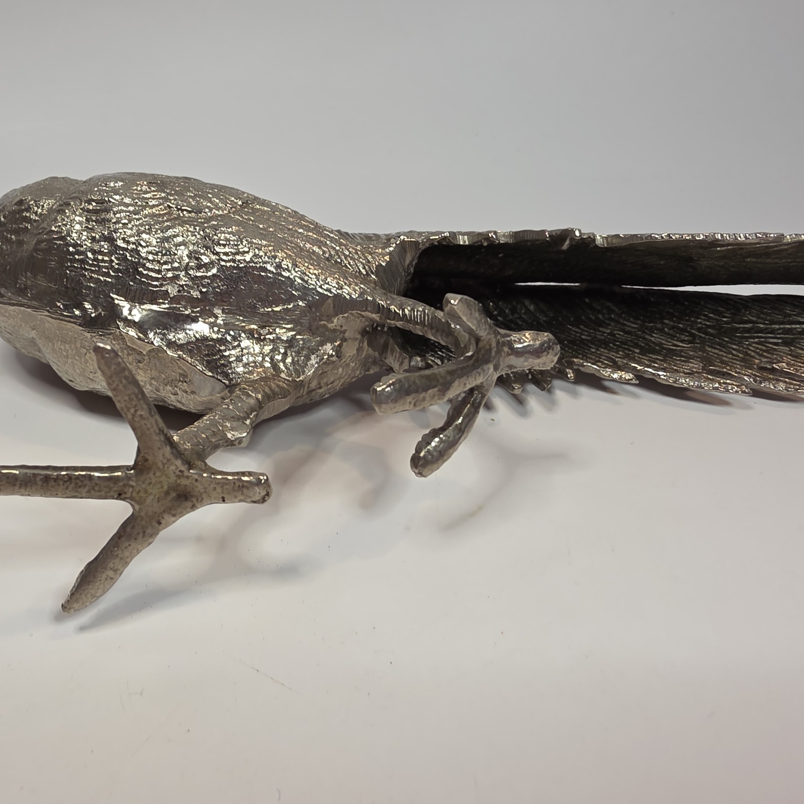 Vintage Silver Tone Pheasant Figurine Long Tail Bird Metal Statue
