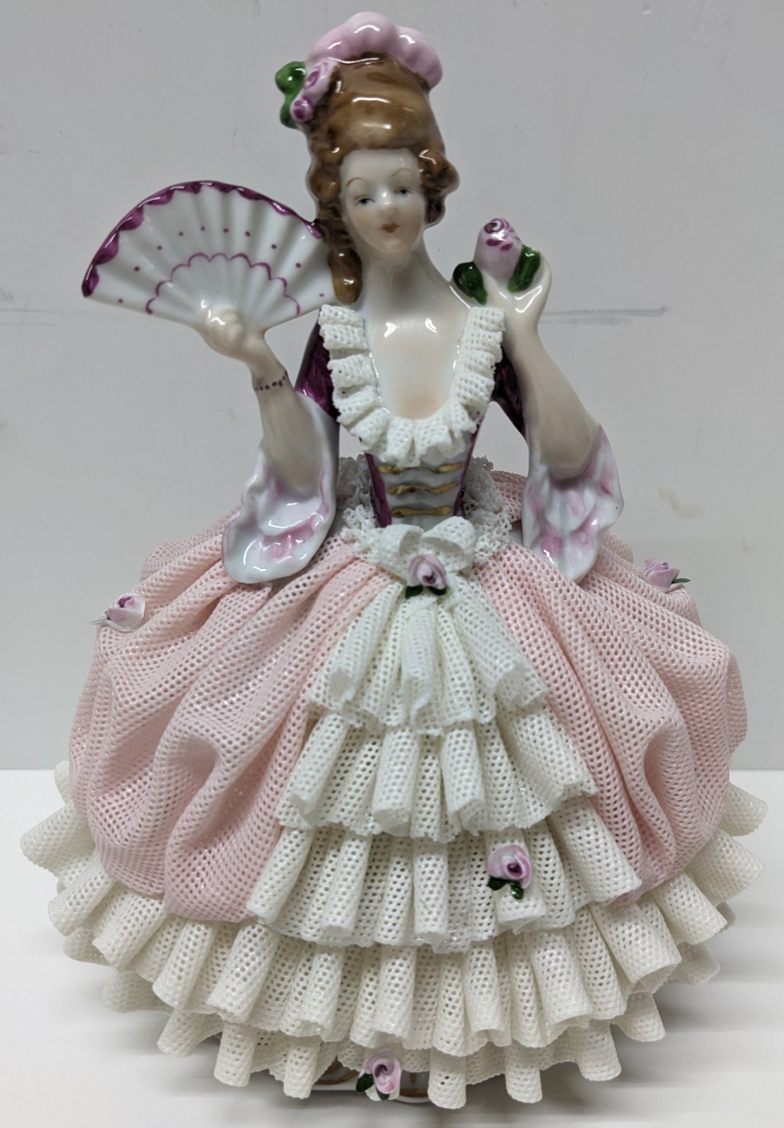 VTG Karl Heinz Klette Porcelain Lady w/ Lace Dress & Fan 6 1/2″ Pink & White