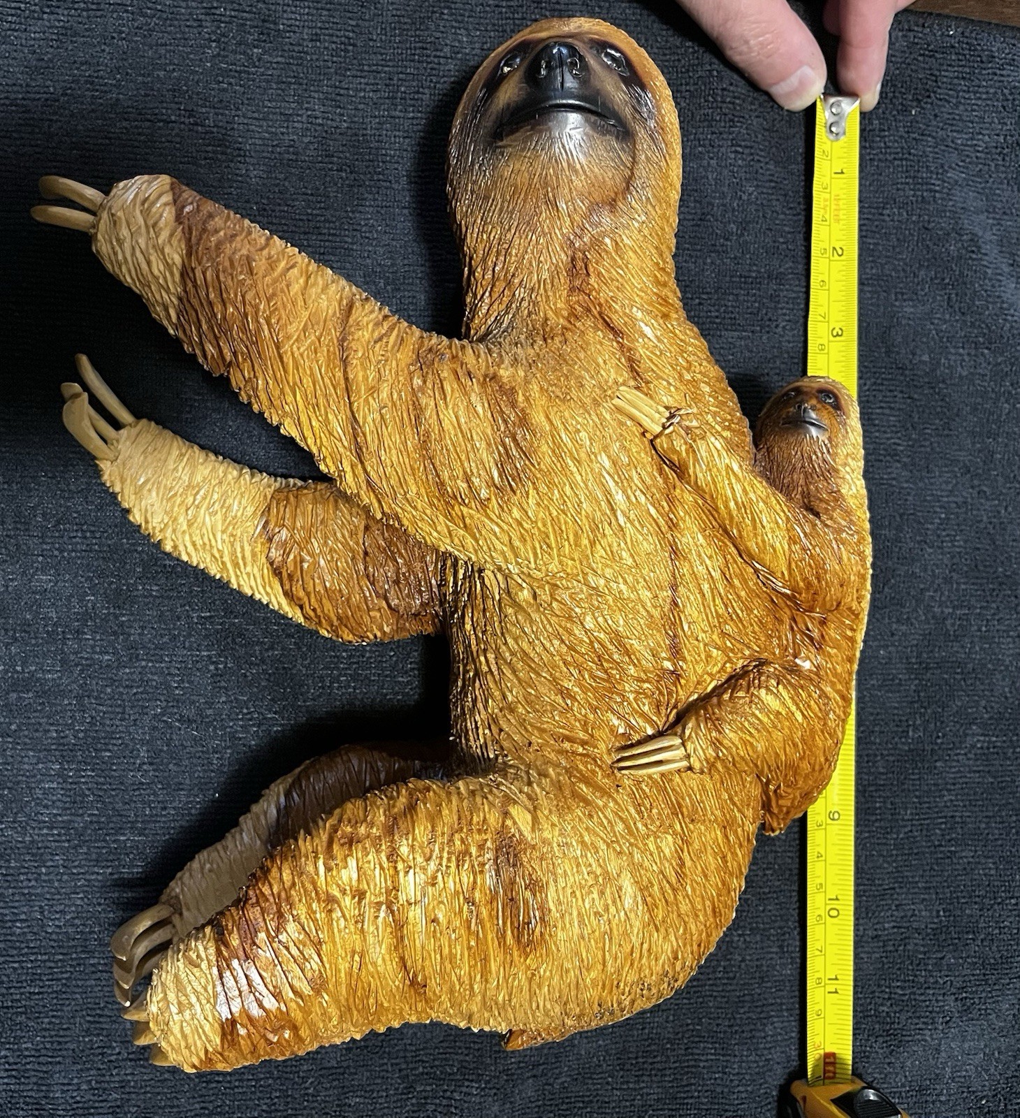 11” Inch Resin Or Polymer Clay Three-Toed Sloth w/Real Wooden Claws And Baby.