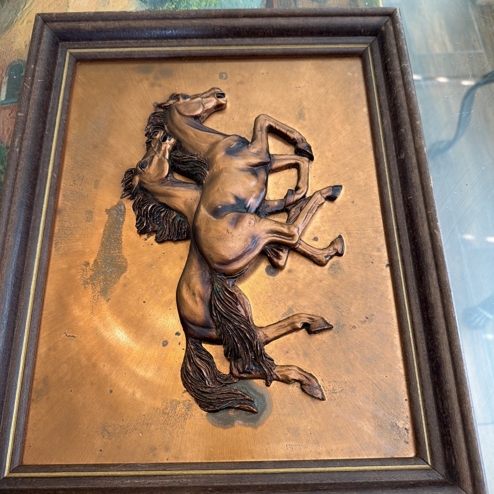 Framed Copper Equestrian Running Horses In Relief 16 X 13″ Professionally Frame