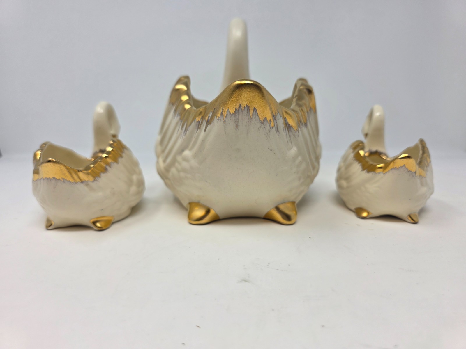 Vintage 3 Pc White Ceramic Swan Planter Set 24 KT Gold Trim Made In USA