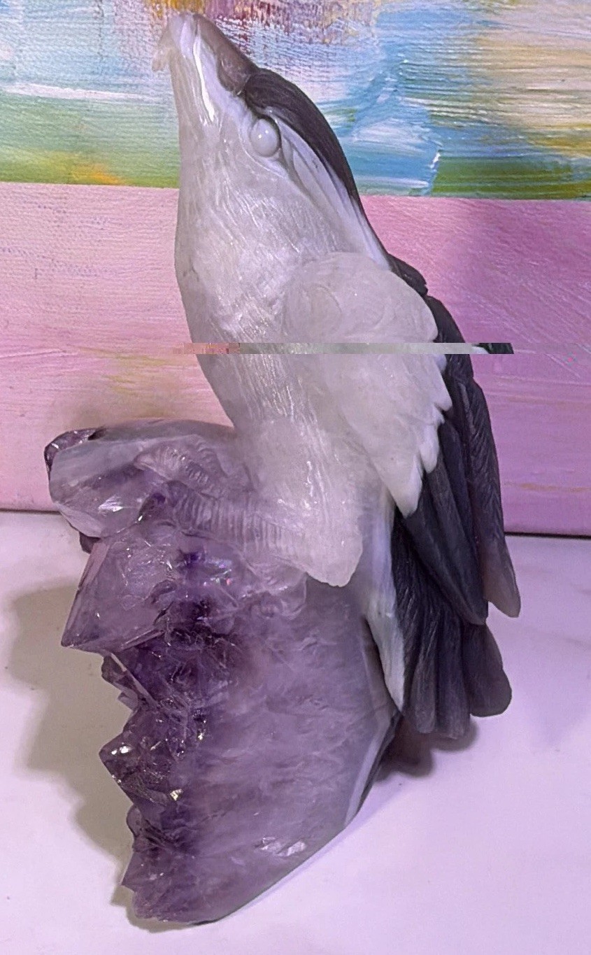 Carved Polished Stone Eagle Figurine on Purple Crystal Base, 6 in Tall