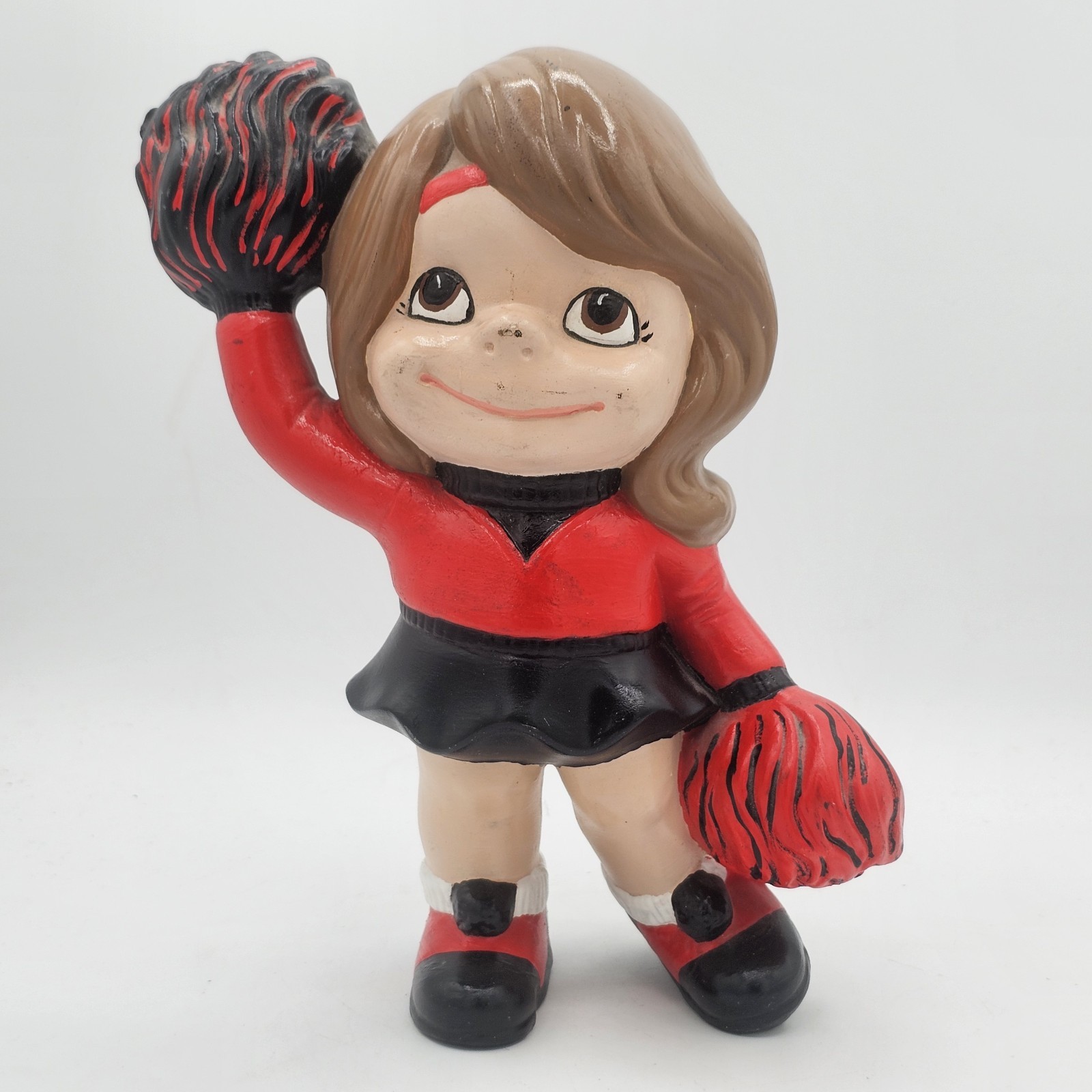 Vintage Big Eye Cheerleader Figurine Red Black Pom Poms Ceramic Plaster 1970s